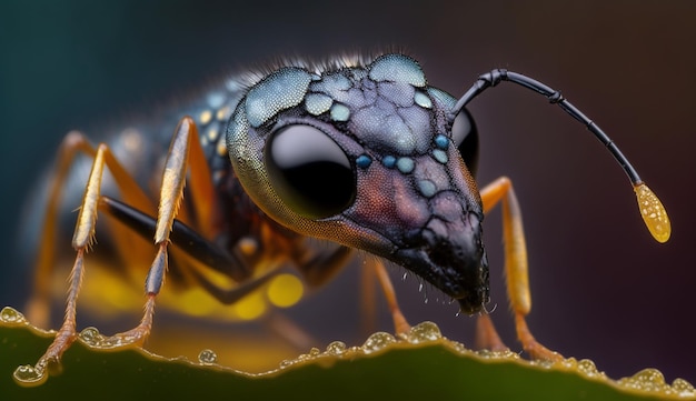 Eine Nahaufnahme einer Wespe mit blauen Augen und schwarzen Punkten