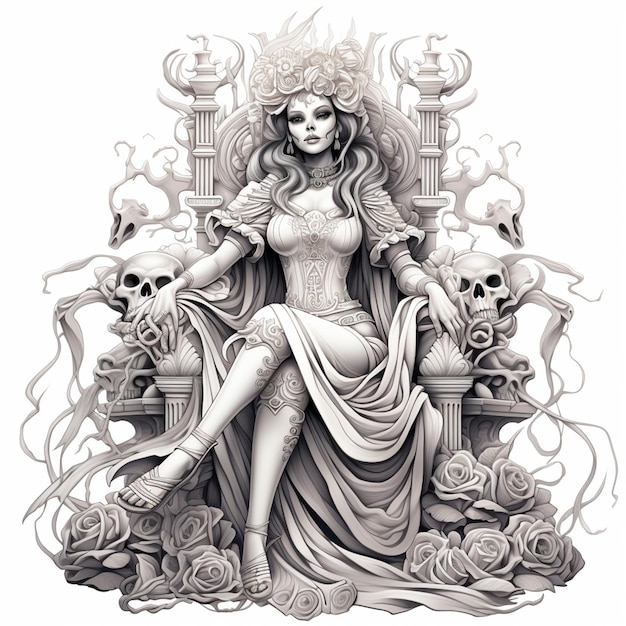 eine Nahaufnahme einer Zeichnung einer Frau, die auf einem Thron sitzt