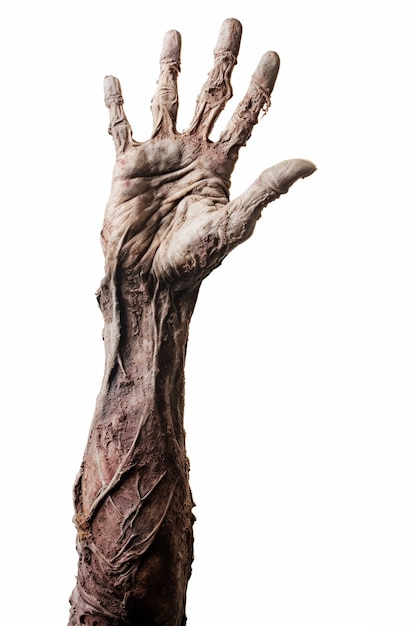 eine Nahaufnahme einer Zombie-Hand mit weißem Hintergrund