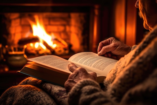 Eine Nahaufnahme einer zufriedenen älteren Person, die bei einem gemütlichen Kamin ein Buch liest