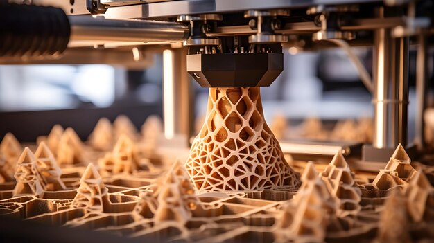 Eine Nahaufnahme eines 3D-Druckers, der ein kompliziertes Modell erstellt