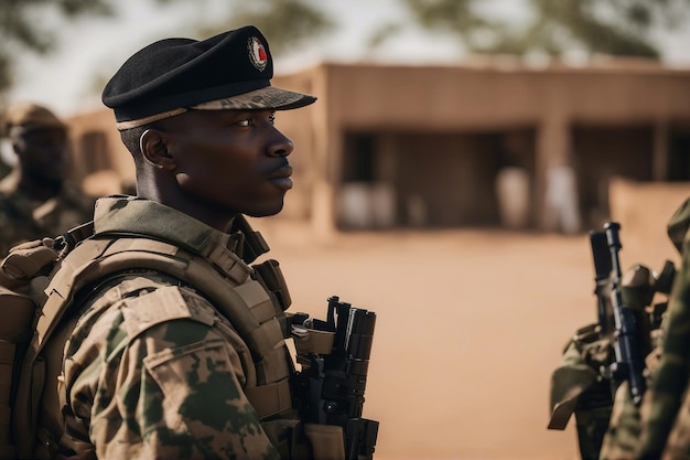 Eine Nahaufnahme eines afrikanischen Militärs mit Tarnuniform und Ausrüstung