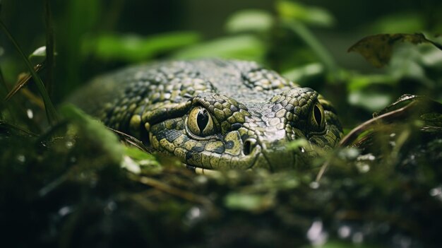 Eine Nahaufnahme eines Alligatorgesichts im Gras ai