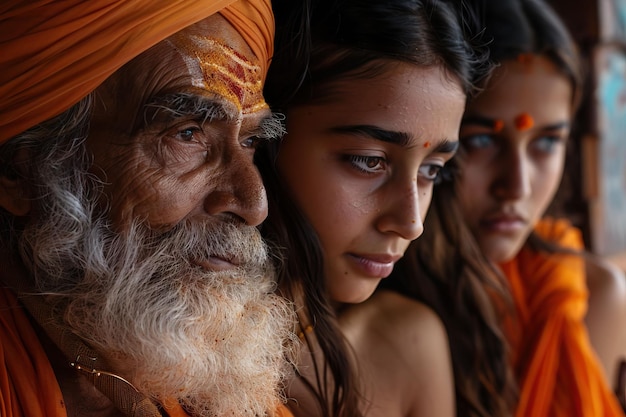 Eine Nahaufnahme eines alten indischen Mönchs mit einem jungen Ehepaar