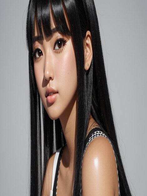 Eine Nahaufnahme eines animierten Mädchens mit einem weißen Kleid und langen, glänzenden schwarzen Haaren