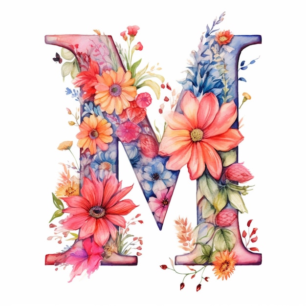 Eine Nahaufnahme eines Aquarellgemäldes eines Buchstabens m mit generativen Blumen