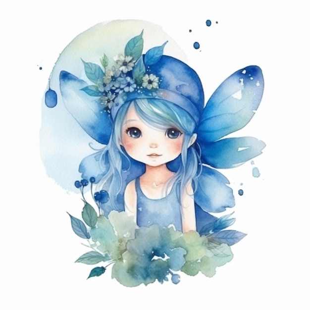 Eine Nahaufnahme eines Aquarellgemäldes eines kleinen Mädchens mit blauen Haaren, generative KI