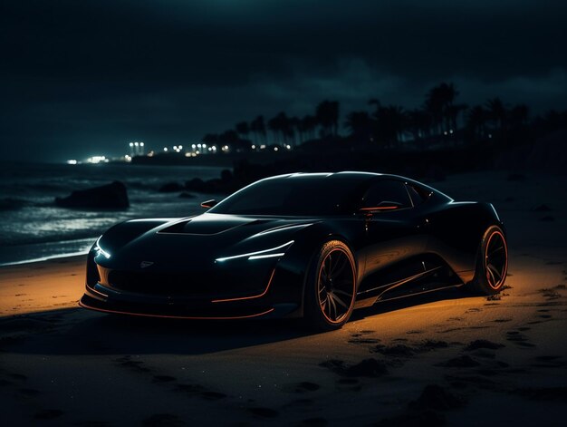 Eine Nahaufnahme eines Autos auf einem Strand in der Nacht generative ai