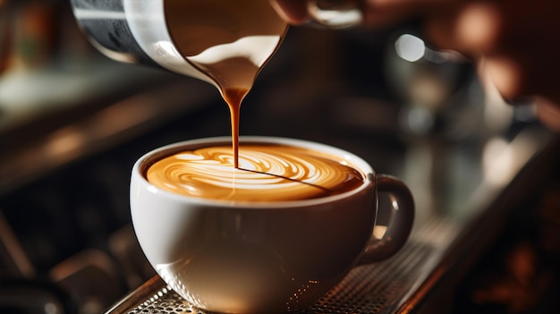 Eine Nahaufnahme eines Baristas, der gedämpfte Milch mit Espresso mischt, um einen künstlerischen Latte zu bilden