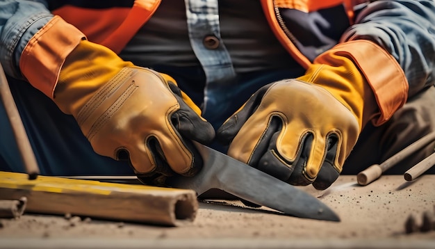 Eine Nahaufnahme eines Bauarbeiters, der Werkzeuge in der Hand hält
