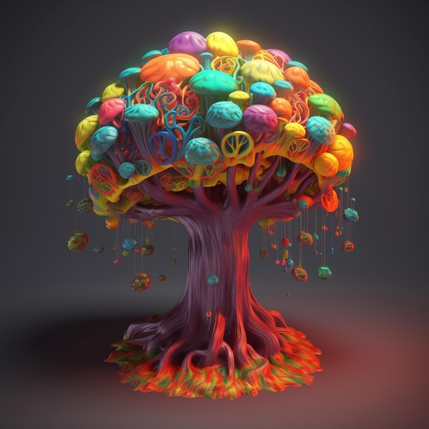Eine Nahaufnahme eines Baumes mit vielen bunten Objekten darauf generative KI