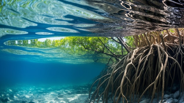 Foto eine nahaufnahme eines baumes mit wurzeln in der wassergenerierenden ki