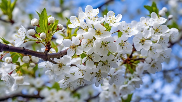 Eine Nahaufnahme eines Baumzweigs, der mit blühenden Frühlingsblumen bedeckt ist