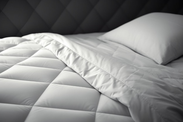 Eine Nahaufnahme eines Bettes mit einer weißen Bettdecke und einem Kissen.