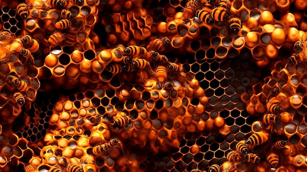 Eine Nahaufnahme eines Bienenstocks aus orangefarbenem und braunem Holz