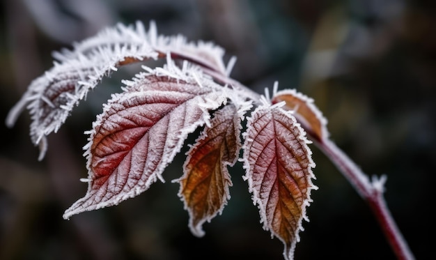 Eine Nahaufnahme eines Blattes mit dem Frost darauf