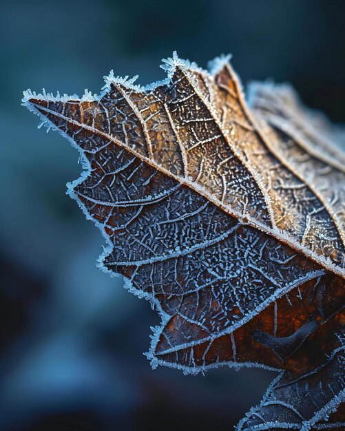 eine Nahaufnahme eines Blattes mit Frost darauf