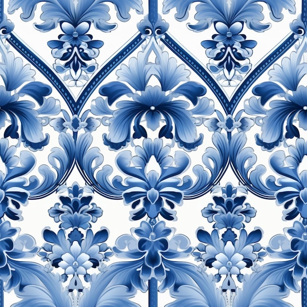 eine Nahaufnahme eines blau-weißen Blumenmusters an einer Wand