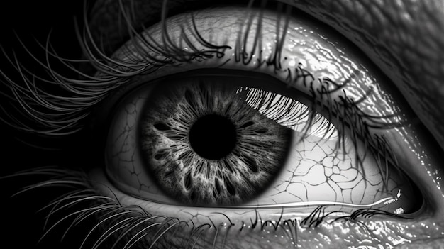 Eine Nahaufnahme eines blauen Auges mit dem Wort „Auge“ darauf. Generative KI