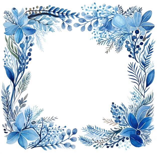 eine Nahaufnahme eines blauen Blumenrahmens mit Blättern und Beeren