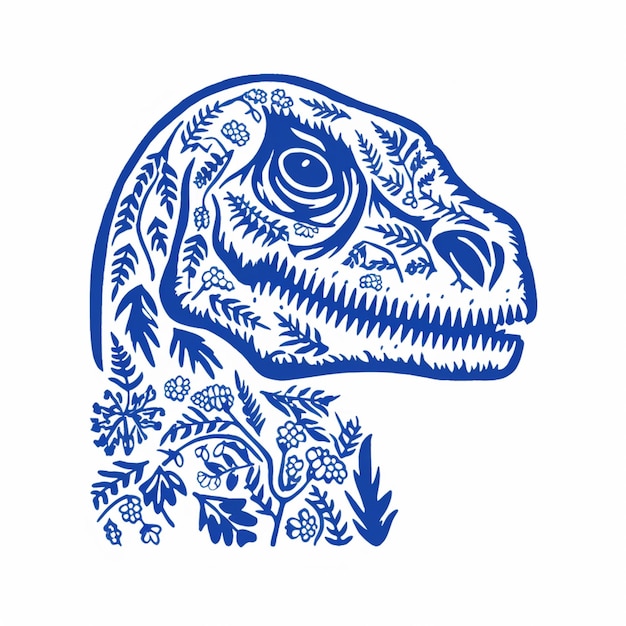 eine Nahaufnahme eines blauen Dinosaurierkopfes mit einem generativen Blumenmuster