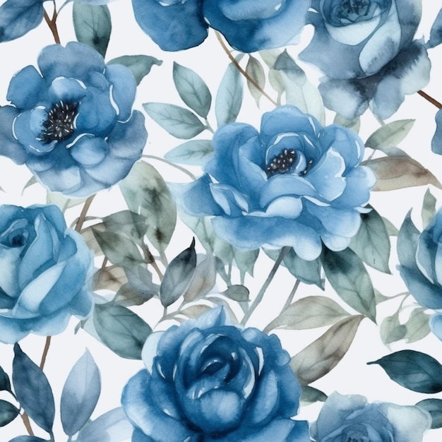 Eine Nahaufnahme eines blauen Rosenmusters auf weißem Hintergrund, generative KI
