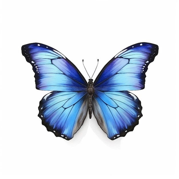 eine Nahaufnahme eines blauen Schmetterlings auf einer weißen Oberfläche