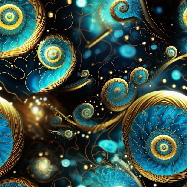eine Nahaufnahme eines blauen und goldenen abstrakten Hintergrunds mit generativen Spiralen ai