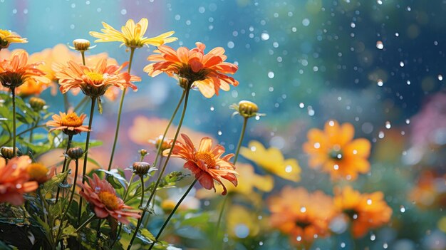 Eine Nahaufnahme eines Blumenstammes im Regen ai