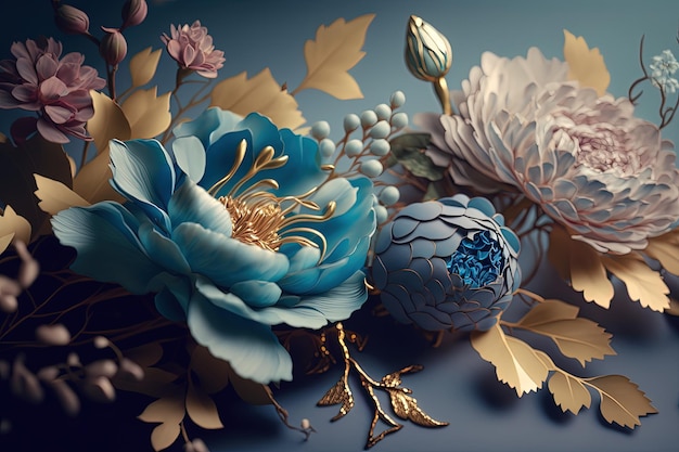 Eine Nahaufnahme eines Blumenstraußes auf blauem Hintergrund generative KI