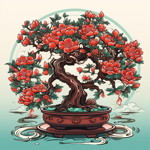 Foto eine nahaufnahme eines bonsai-baumes mit roten blüten in einem topf