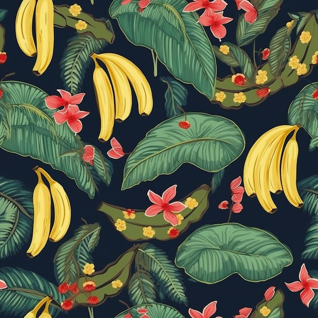 Eine Nahaufnahme eines Bündels Bananen und Blumen auf schwarzem Hintergrund, generative KI