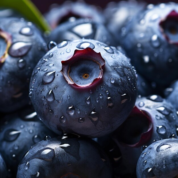 eine Nahaufnahme eines Bündels Blaubeeren mit Wassertropfen generativer Ai