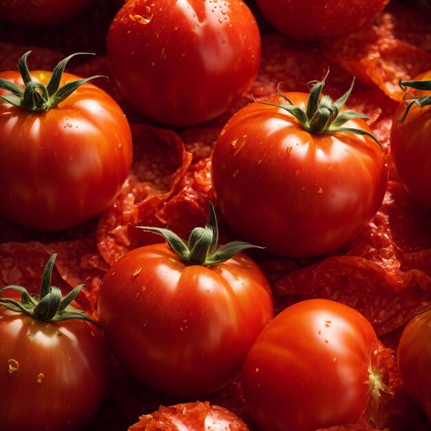 Eine Nahaufnahme eines Bündels frischer Tomaten mit Wassertropfen