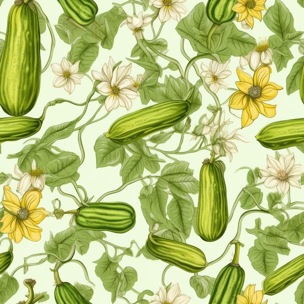 Eine Nahaufnahme eines Bündels von Gurken und Blumen auf einem grünen Hintergrund generative ai