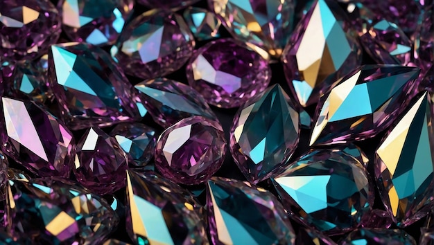 Eine Nahaufnahme eines Bündels von Kristallen mit blauen und lila Lichtern