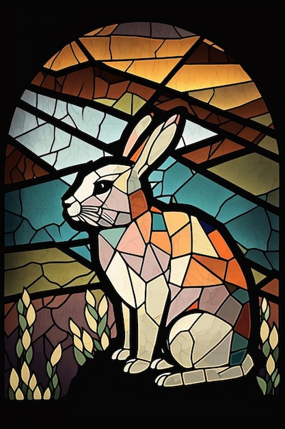 Eine Nahaufnahme eines Buntglasfensters mit einem Kaninchen darin, generative KI