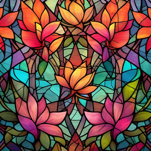 Eine Nahaufnahme eines Buntglasfensters mit einem Strauß generativer Blumen