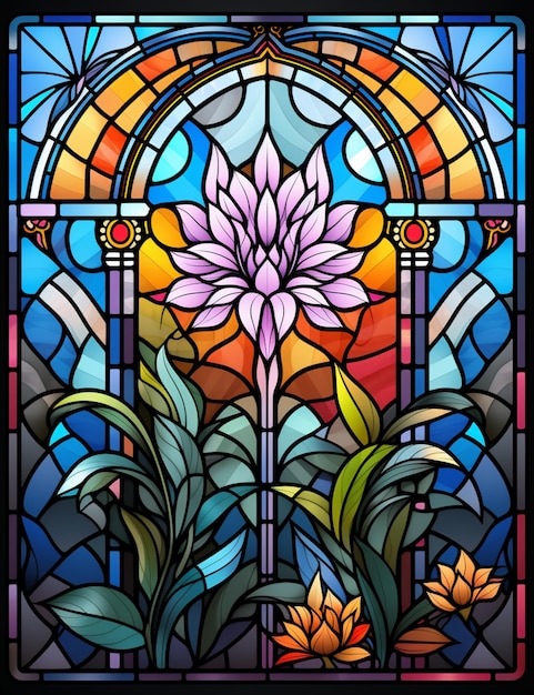 Eine Nahaufnahme eines Buntglasfensters mit einer generativen Blume