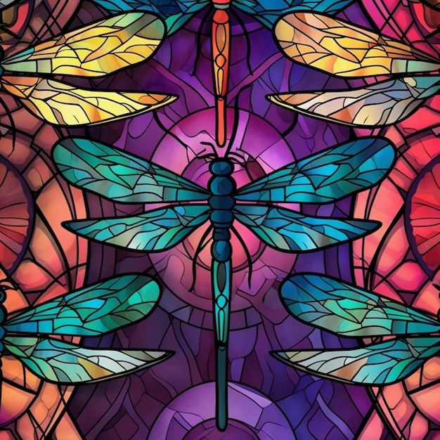 Eine Nahaufnahme eines Buntglasfensters mit einer generativen Libelle