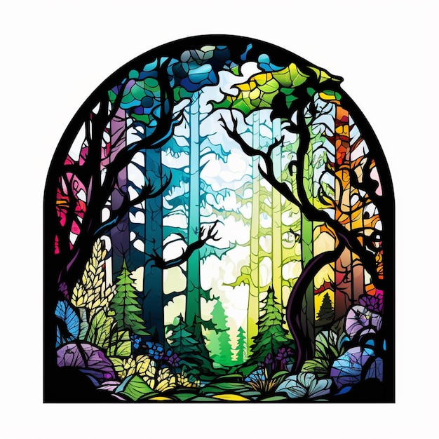 Eine Nahaufnahme eines Buntglasfensters mit einer generativen Waldszene