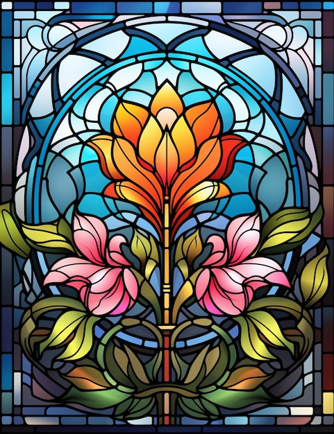 Eine Nahaufnahme eines Buntglasfensters mit generativen Blumen und Blättern