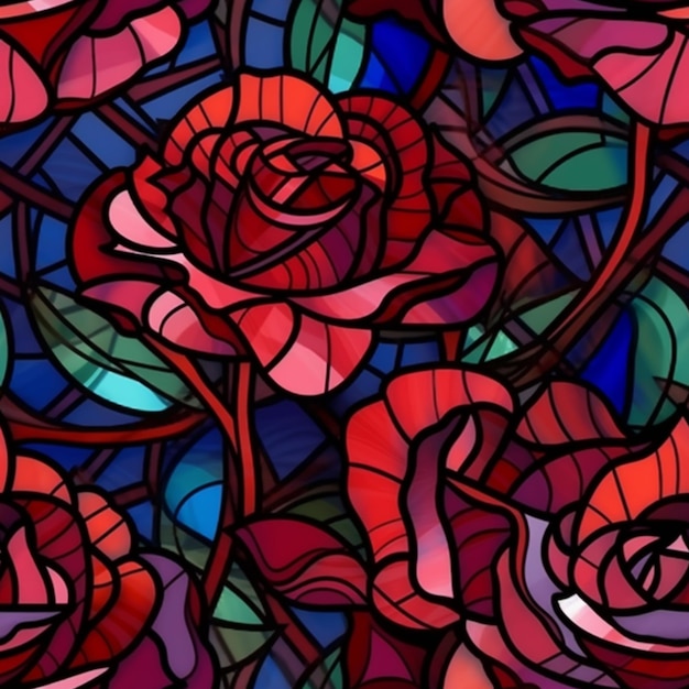 eine Nahaufnahme eines Buntglasfensters mit generativen roten Rosen