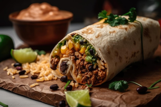 Eine Nahaufnahme eines Burritos mit den sichtbaren Zutaten und Gewürzen, erstellt mit generativer KI