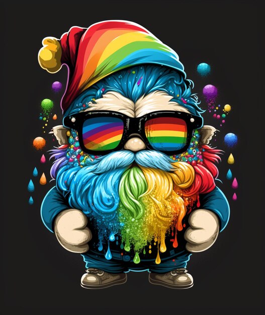 Foto eine nahaufnahme eines cartoon-gnomes mit einem regenbogenbart