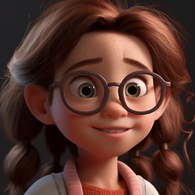 Eine Nahaufnahme eines Cartoon-Mädchens mit Brille und Pullover. Generative KI
