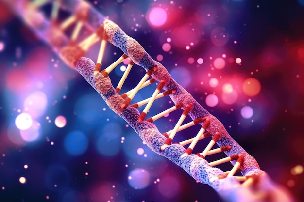 Eine Nahaufnahme eines DNA-Strangs mit violettem Hintergrund und violettem Hintergrund.