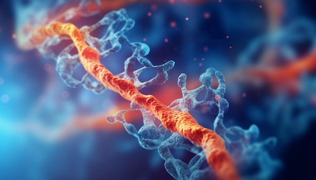 Eine Nahaufnahme eines DNA-Strings mit blauem Hintergrund generativ ai
