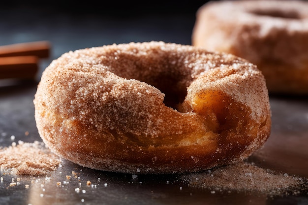 Eine Nahaufnahme eines Donuts mit Puderzucker auf der Seite