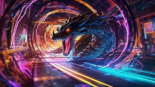 Eine Nahaufnahme eines Drachen in einem Tunnel mit Neonlichtern